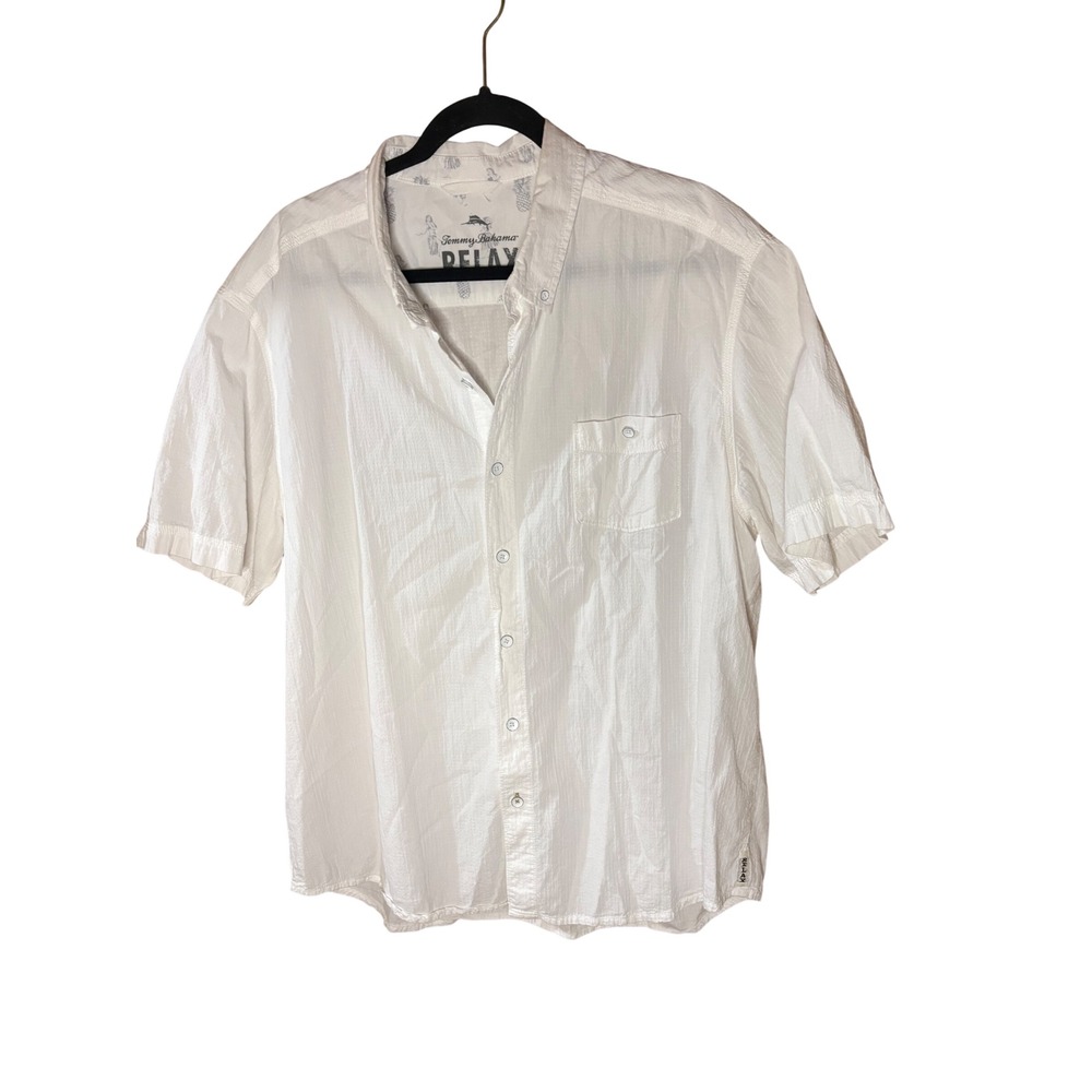 Tommy Bahama Relax Mens XL White Textured Cotton Short Sleeve Button Down Shirt